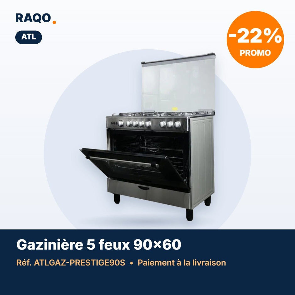 Gazinière ATL 5 feux 90×60 cm inox avec four et tournebroche – ATLGAZ-PRESTIGE90S - RAQO