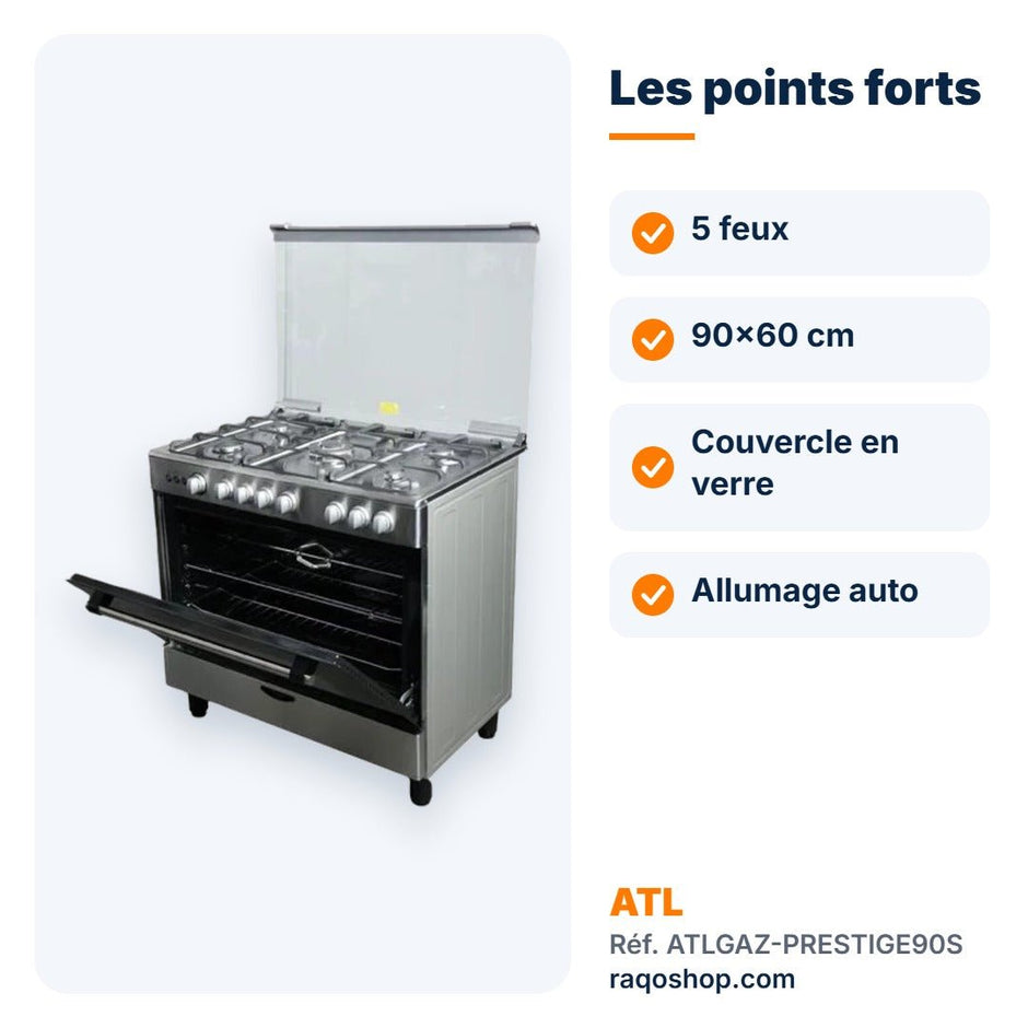 Gazinière ATL 5 feux 90×60 cm inox avec four et tournebroche – ATLGAZ-PRESTIGE90S - RAQO