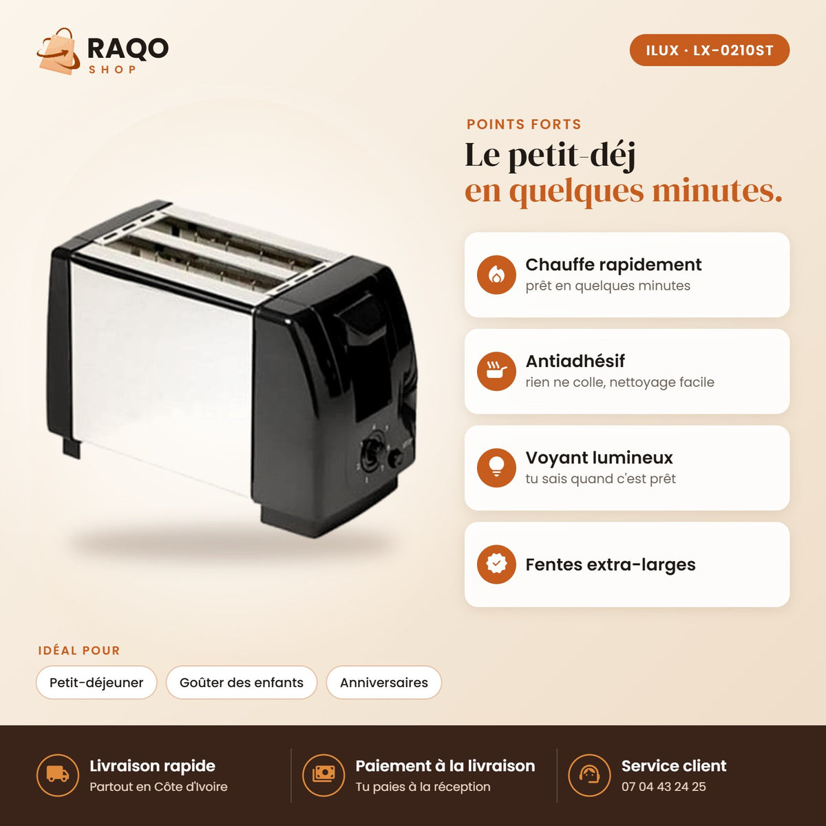 Grille-pain iLUX – 700 W - RAQO (points forts)