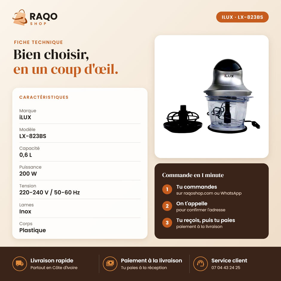 Hachoir Électrique iLUX – 200 W – 0,6 L - RAQO (fiche technique)