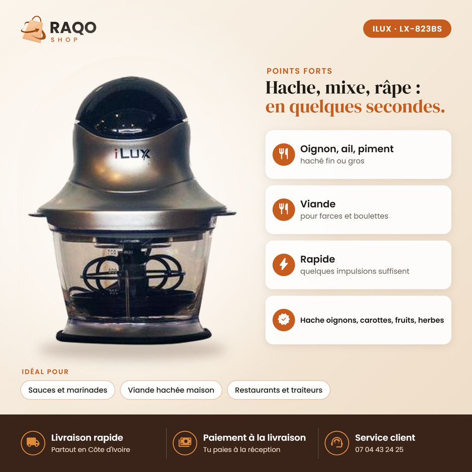Hachoir Électrique iLUX – 200 W – 0,6 L - RAQO (points forts)