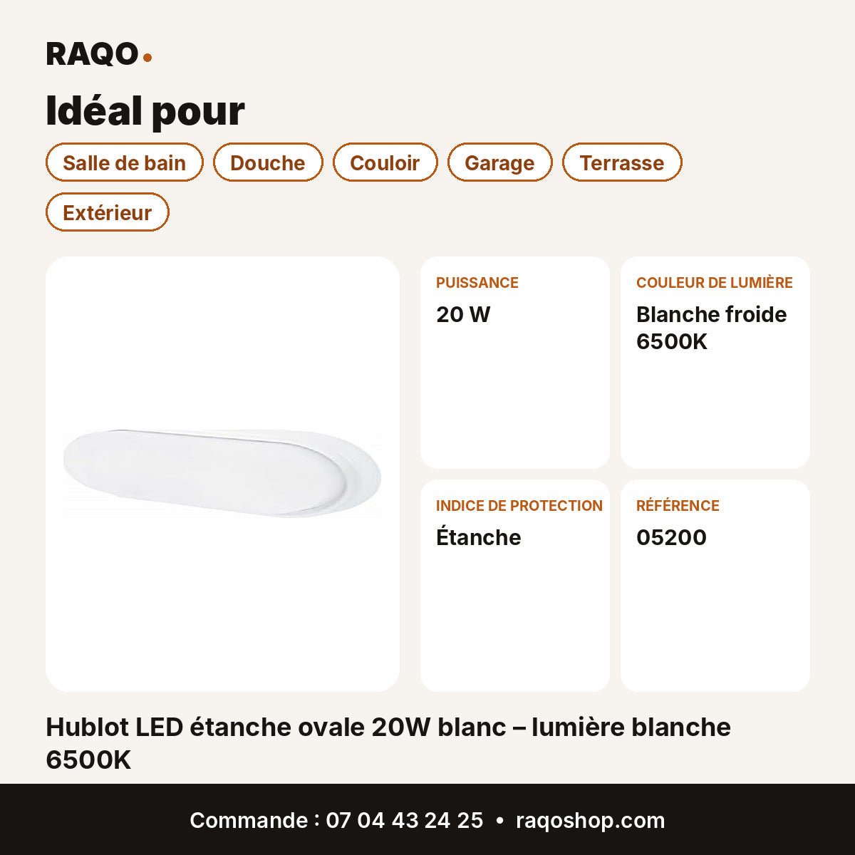 Hublot LED étanche ovale 20W blanc – lumière blanche 6500K | Akko Star - RAQO