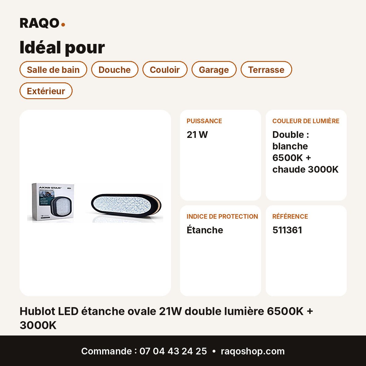 Hublot LED étanche ovale 21W double lumière 6500K + 3000K | Akko Star - RAQO