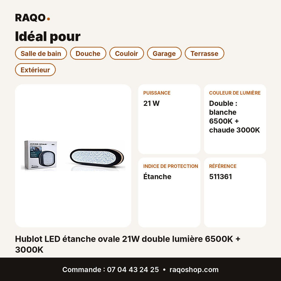 Hublot LED étanche ovale 21W double lumière 6500K + 3000K | Akko Star - RAQO