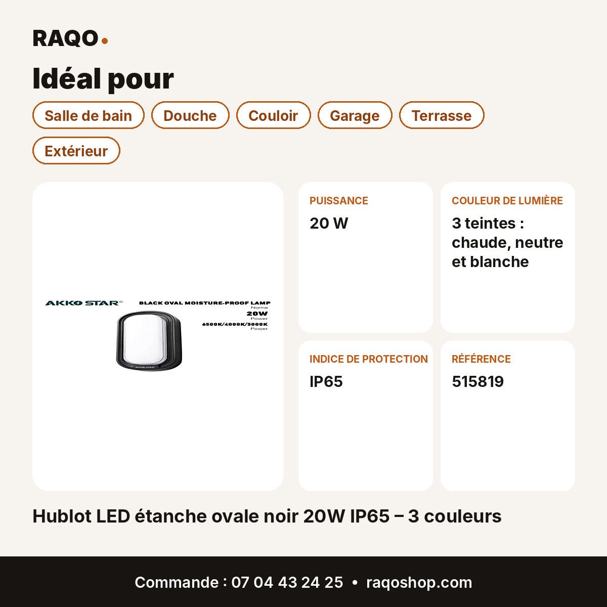 Hublot LED étanche ovale noir 20W IP65 – 3 couleurs | Akko Star - RAQO