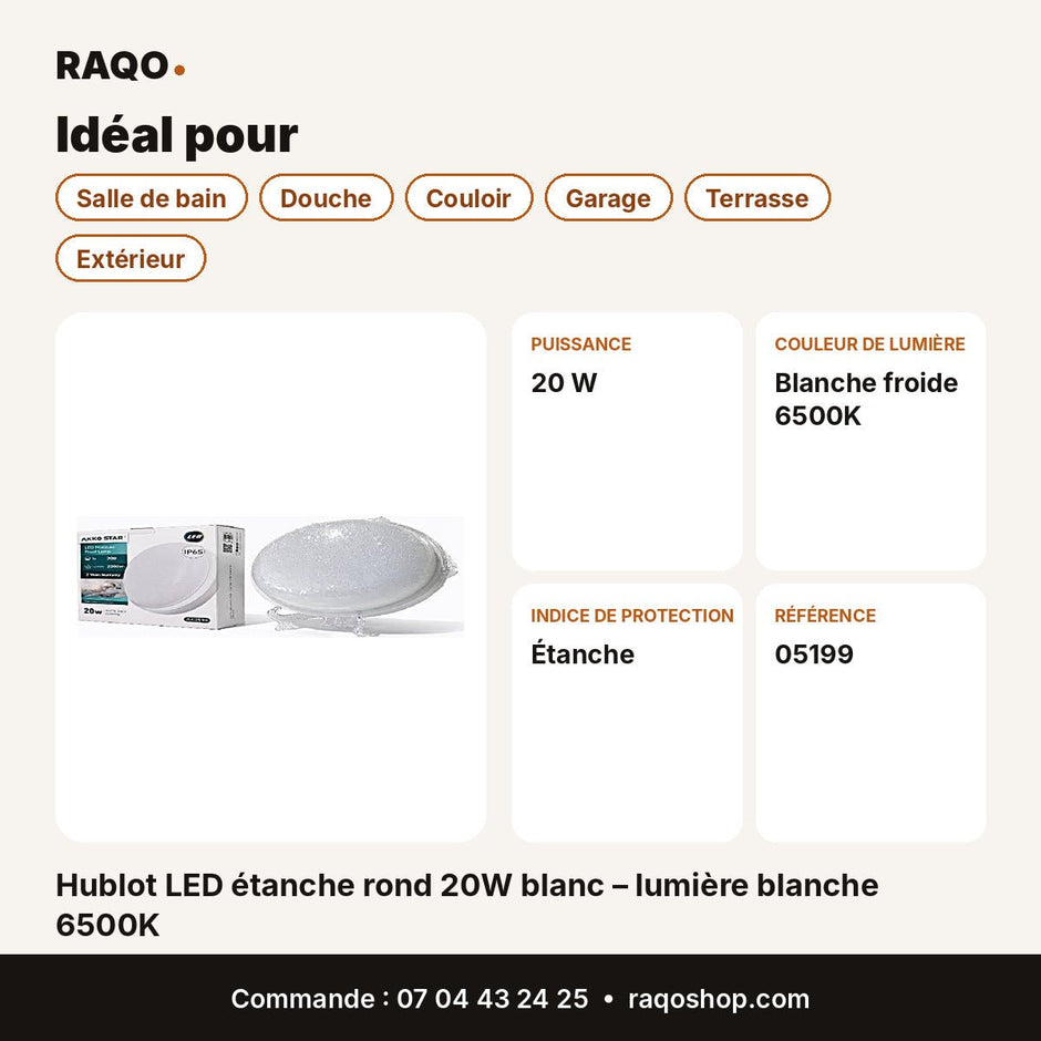 Hublot LED étanche rond 20W blanc – lumière blanche 6500K | Akko Star - RAQO