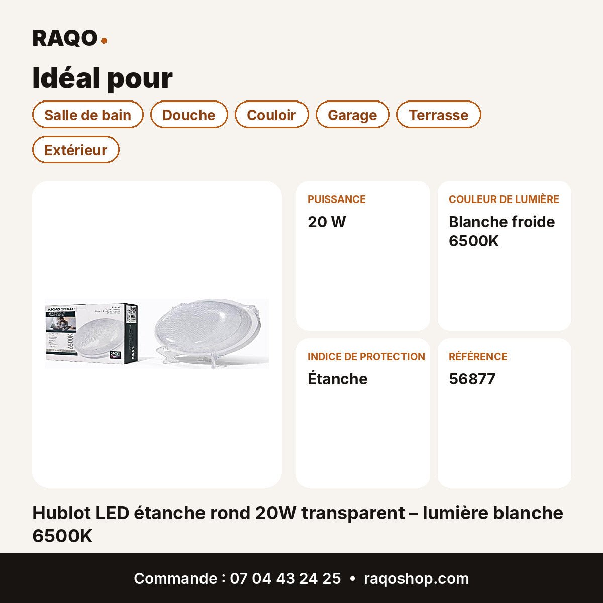 Hublot LED étanche rond 20W transparent – lumière blanche 6500K | Akko Star - RAQO