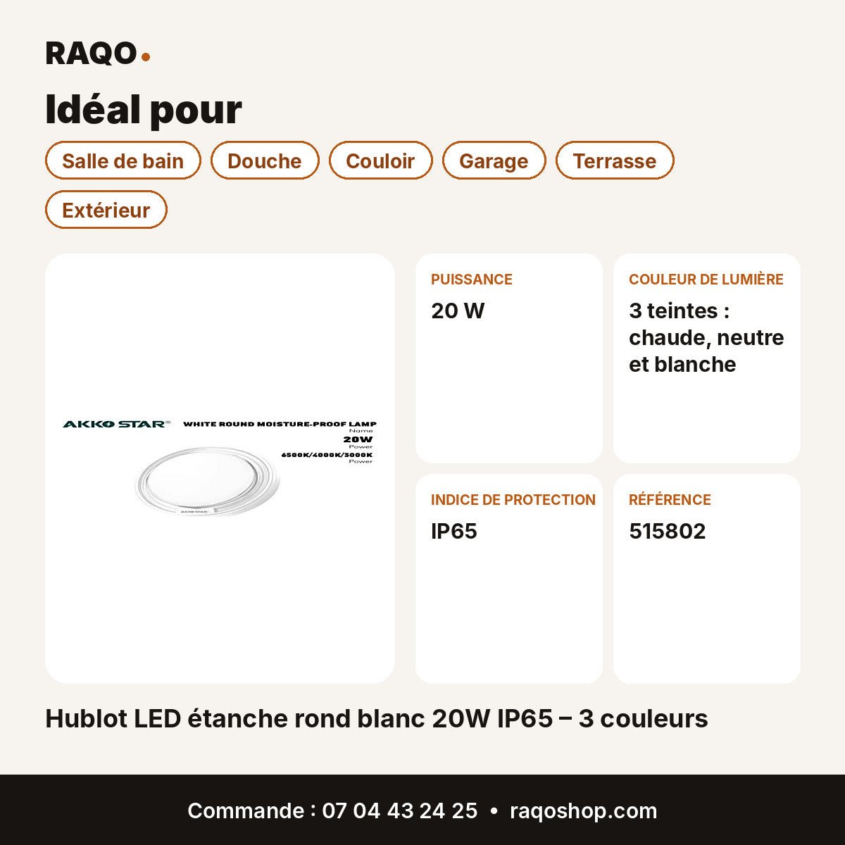 Hublot LED étanche rond blanc 20W IP65 – 3 couleurs | Akko Star - RAQO