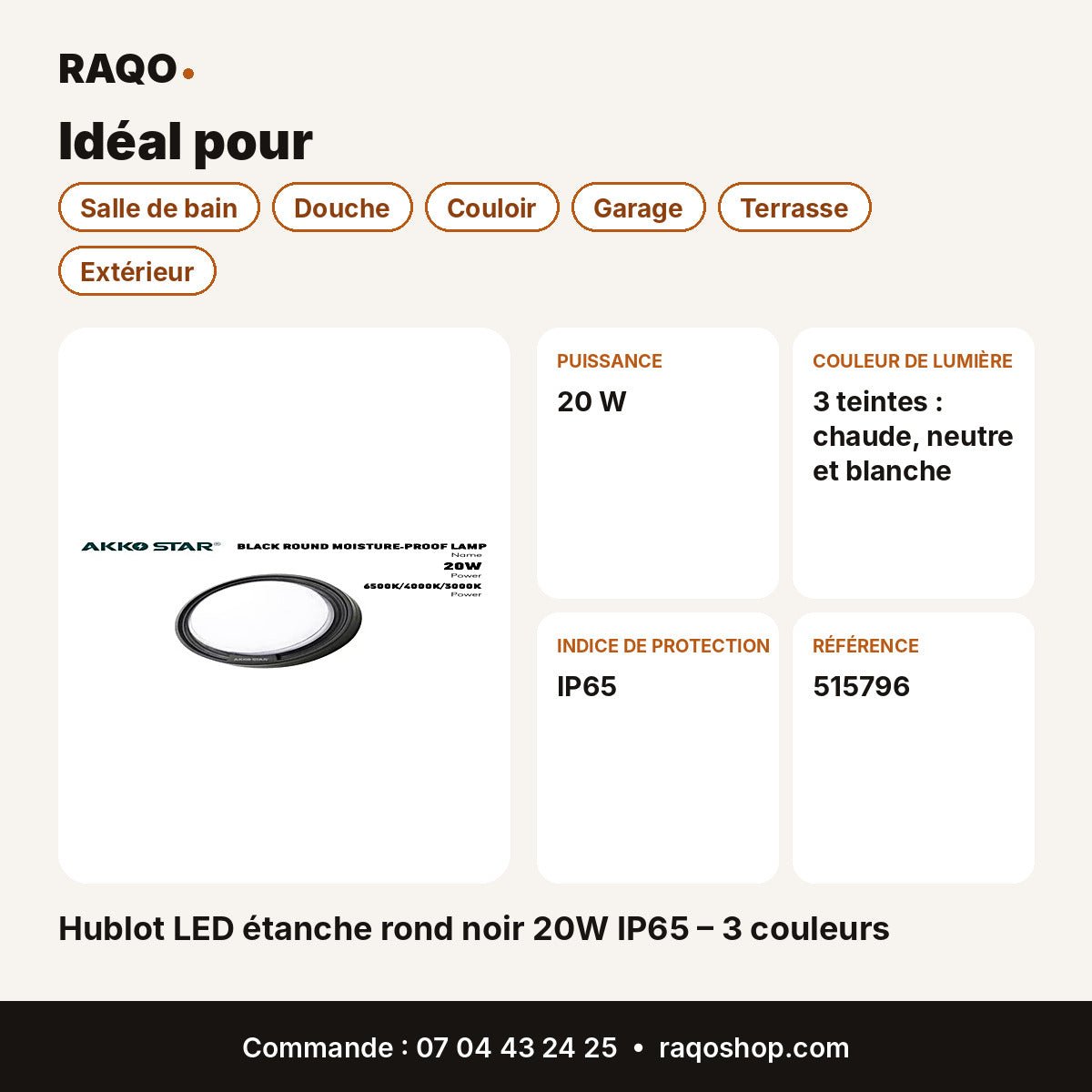Hublot LED étanche rond noir 20W IP65 – 3 couleurs | Akko Star - RAQO