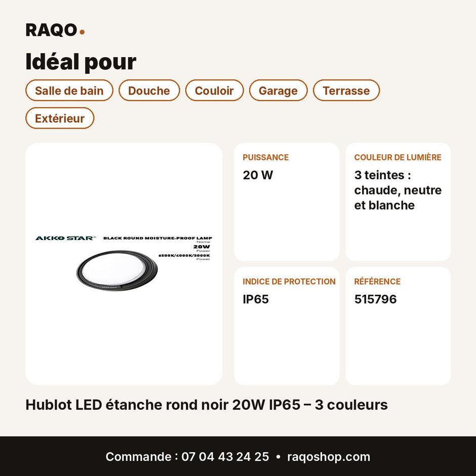Hublot LED étanche rond noir 20W IP65 – 3 couleurs | Akko Star - RAQO