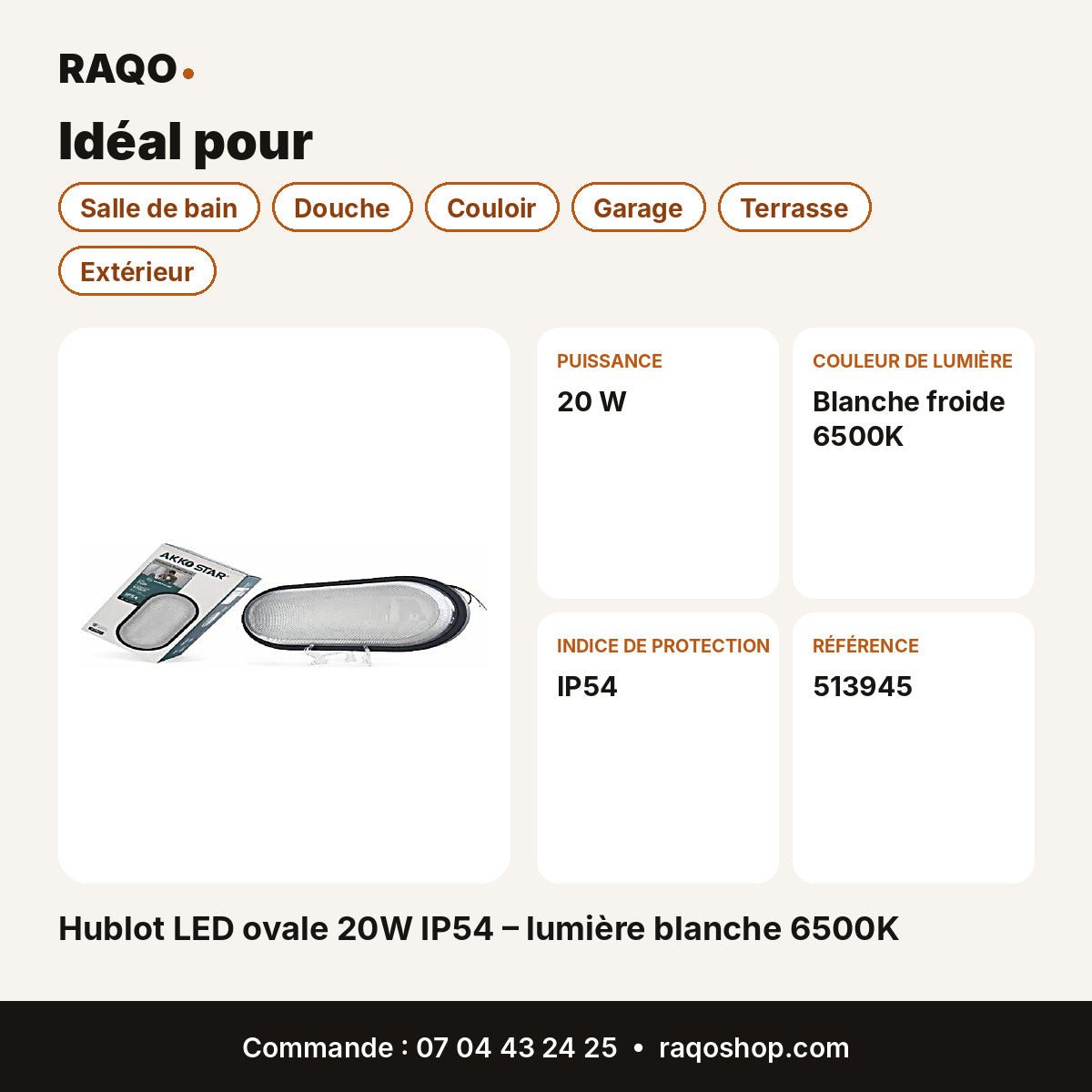 Hublot LED ovale 20W IP54 – lumière blanche 6500K | Akko Star - RAQO