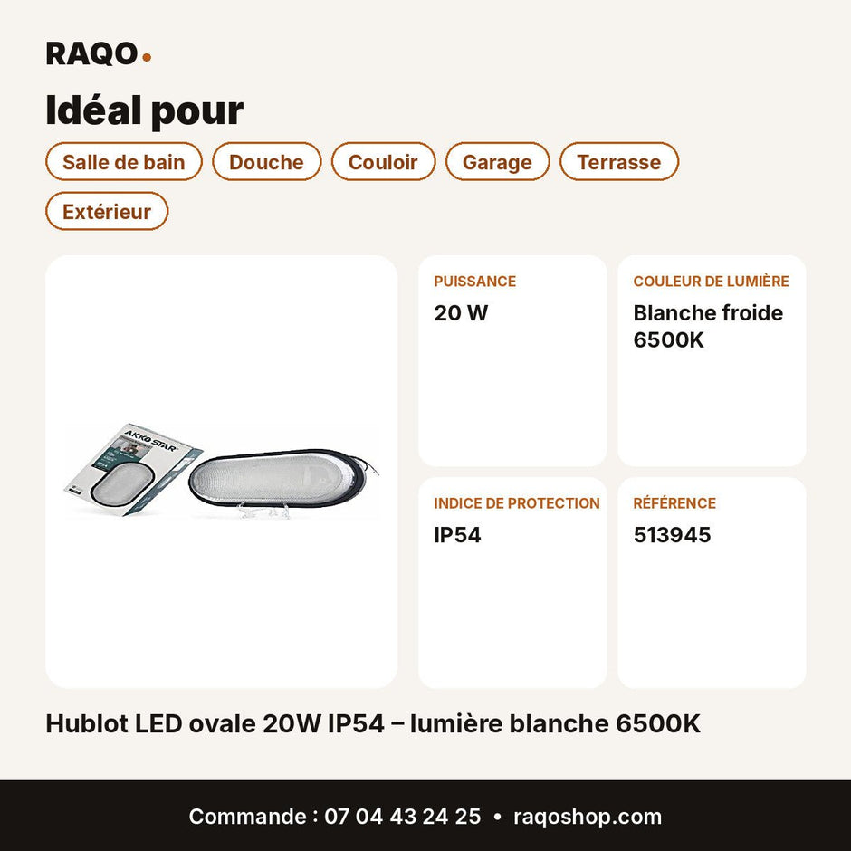 Hublot LED ovale 20W IP54 – lumière blanche 6500K | Akko Star - RAQO