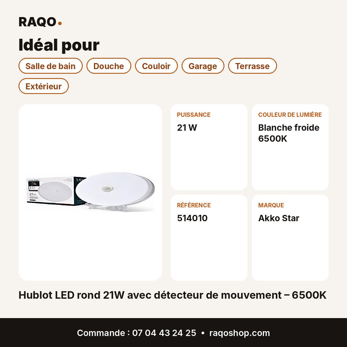 Hublot LED rond 21W avec détecteur de mouvement – 6500K | Akko Star - RAQO