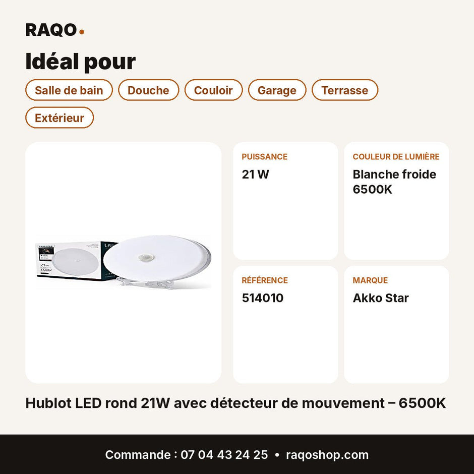 Hublot LED rond 21W avec détecteur de mouvement – 6500K | Akko Star - RAQO