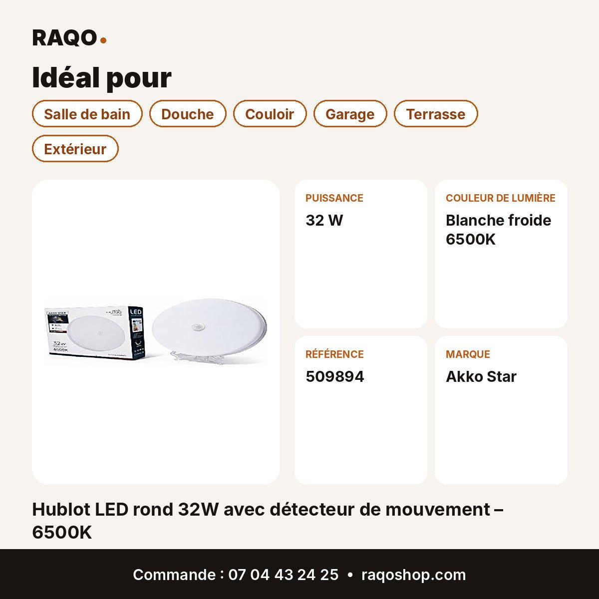 Hublot LED rond 32W avec détecteur de mouvement – 6500K | Akko Star - RAQO