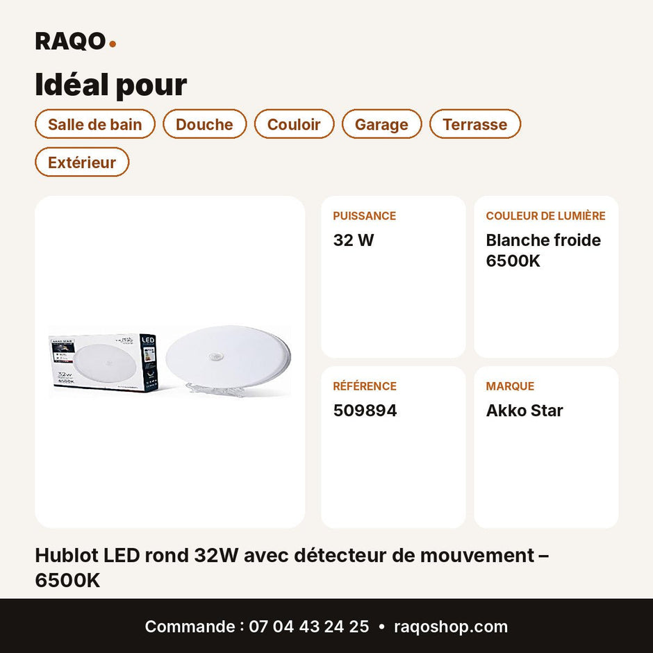 Hublot LED rond 32W avec détecteur de mouvement – 6500K | Akko Star - RAQO