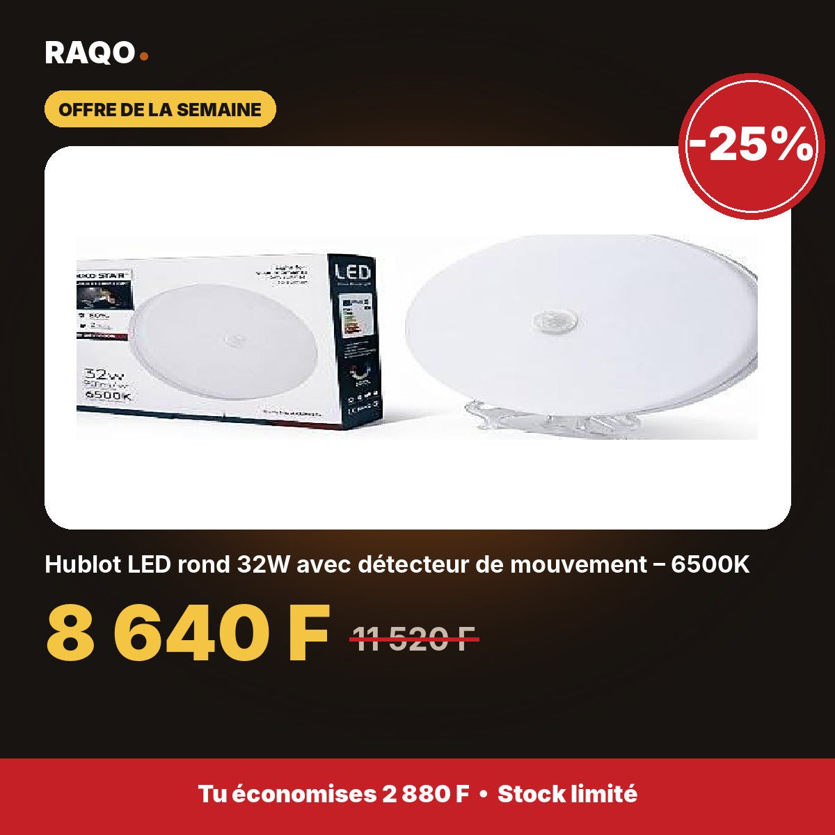 Hublot LED rond 32W avec détecteur de mouvement – 6500K | Akko Star - RAQO