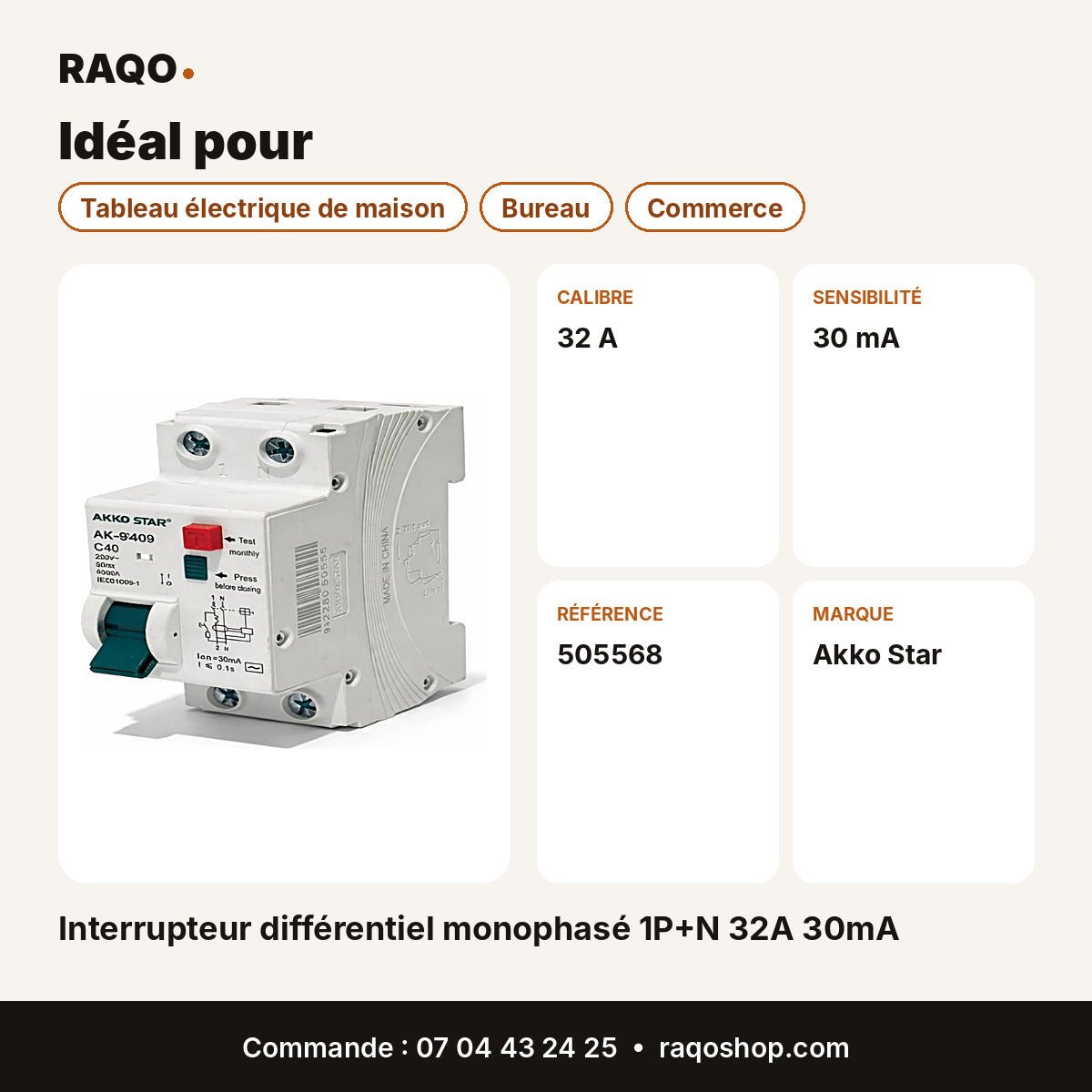 Interrupteur différentiel monophasé 1P+N 32A 30mA | Akko Star - RAQO