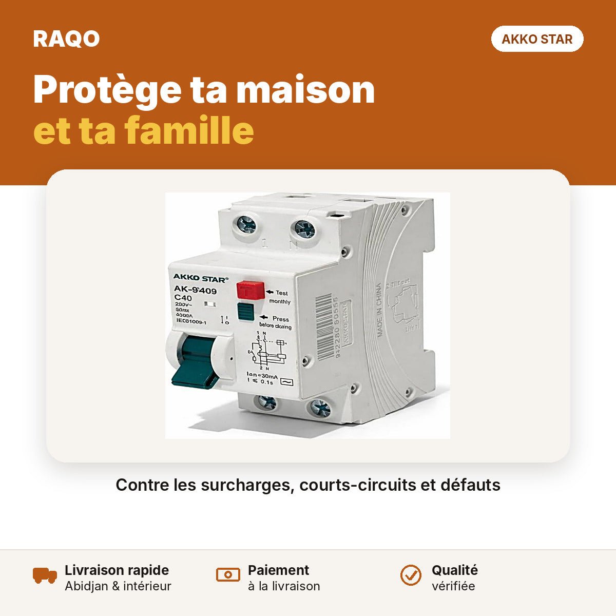 Interrupteur différentiel monophasé 1P+N 40A 30mA | Akko Star - RAQO