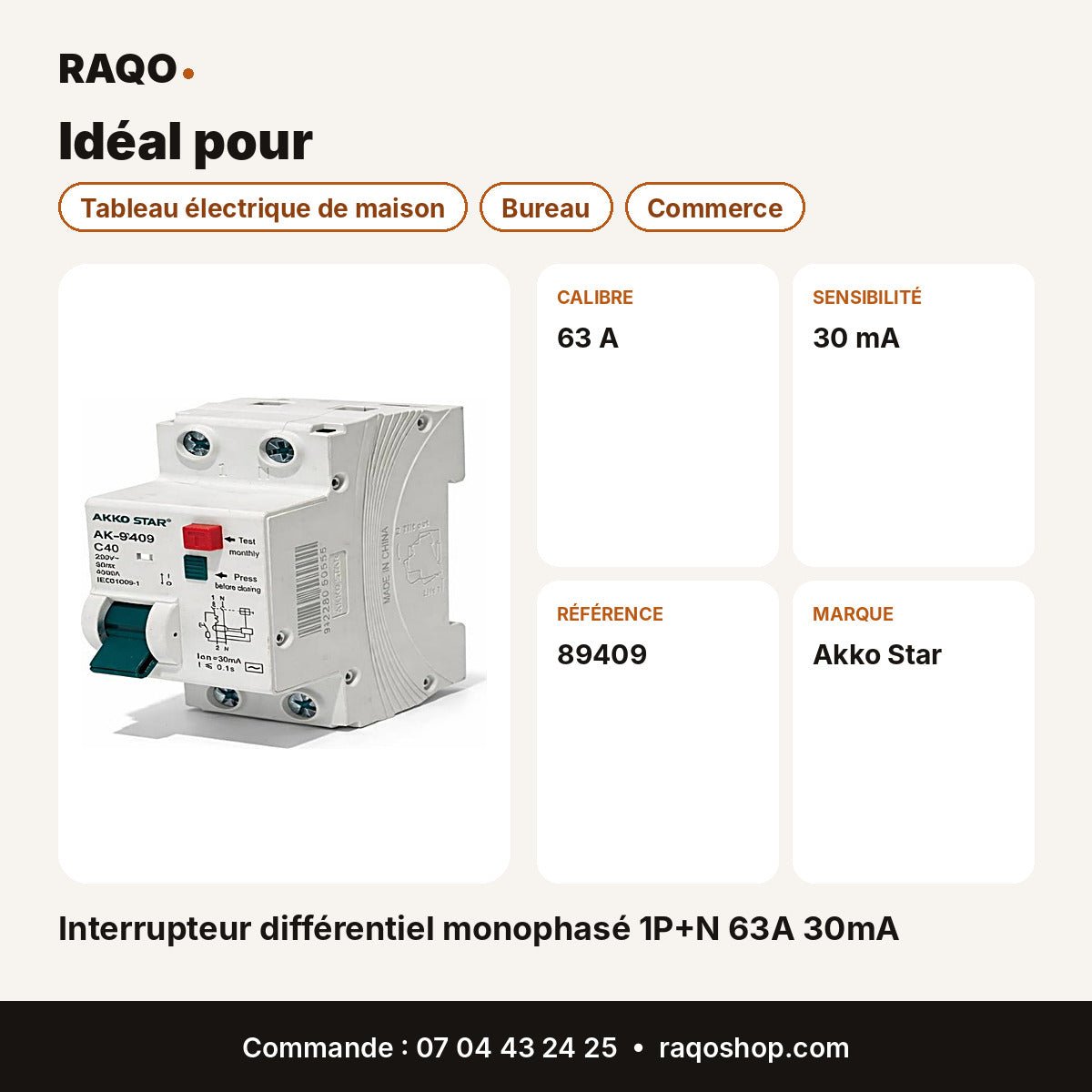 Interrupteur différentiel monophasé 1P+N 63A 30mA | Akko Star - RAQO