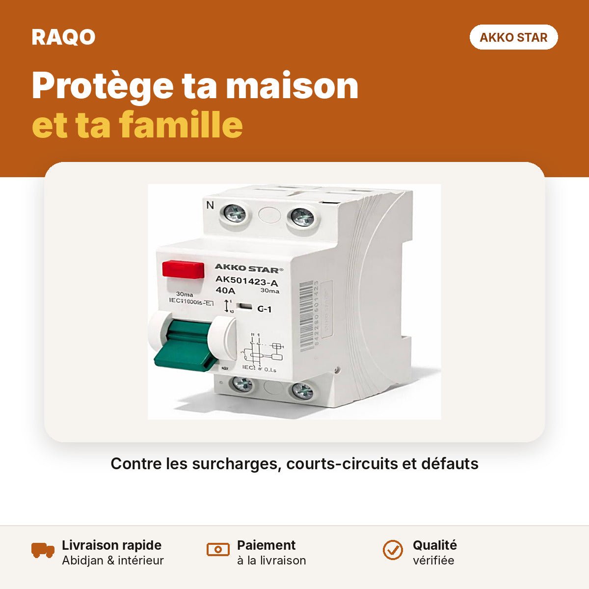 Interrupteur différentiel monophasé 2P 32A 300mA | Akko Star - RAQO