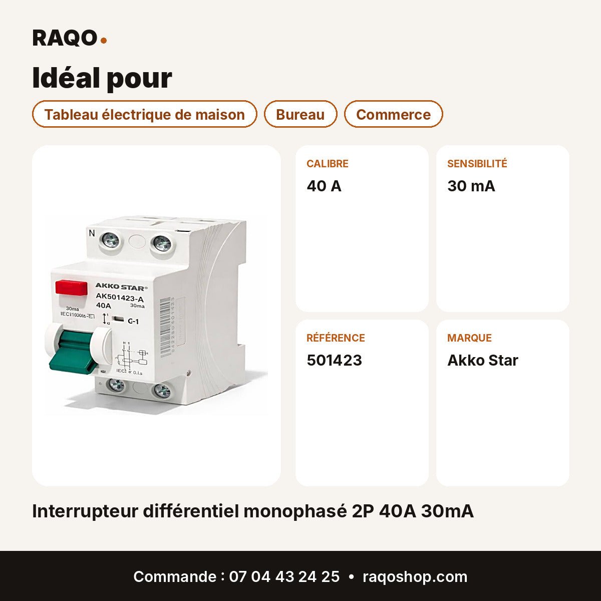 Interrupteur différentiel monophasé 2P 40A 30mA | Akko Star - RAQO