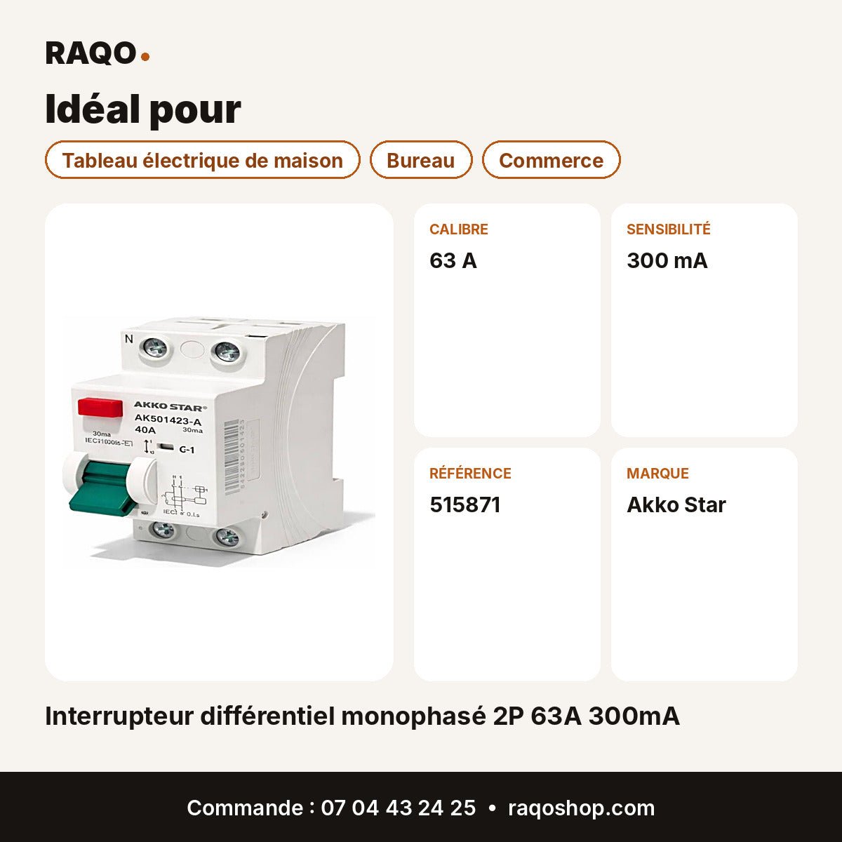 Interrupteur différentiel monophasé 2P 63A 300mA | Akko Star - RAQO