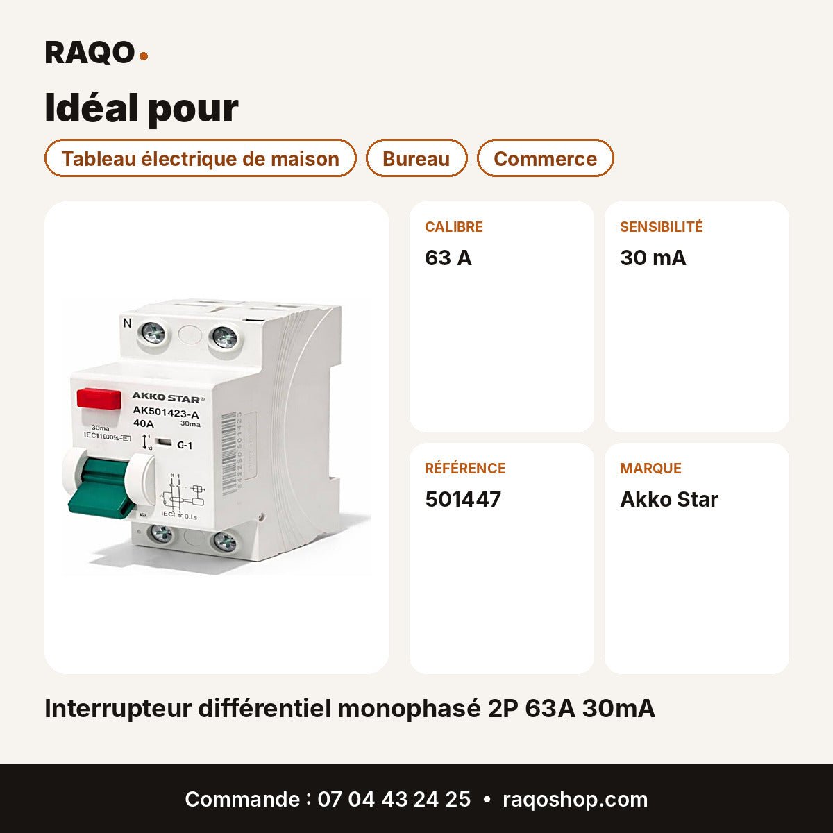 Interrupteur différentiel monophasé 2P 63A 30mA | Akko Star - RAQO