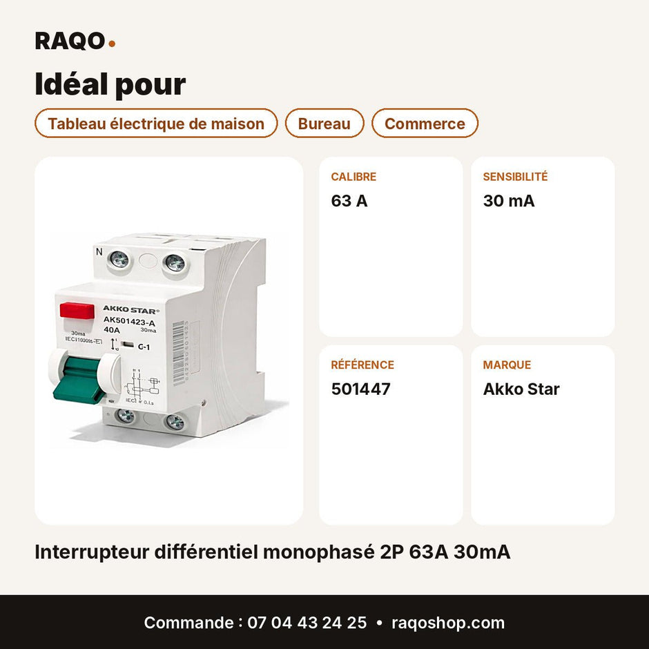 Interrupteur différentiel monophasé 2P 63A 30mA | Akko Star - RAQO