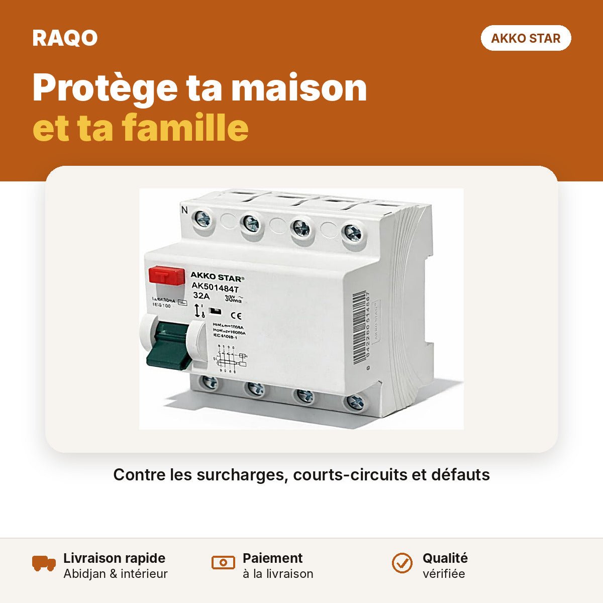 Interrupteur différentiel triphasé 4 pôles 32A 300mA | Akko Star - RAQO