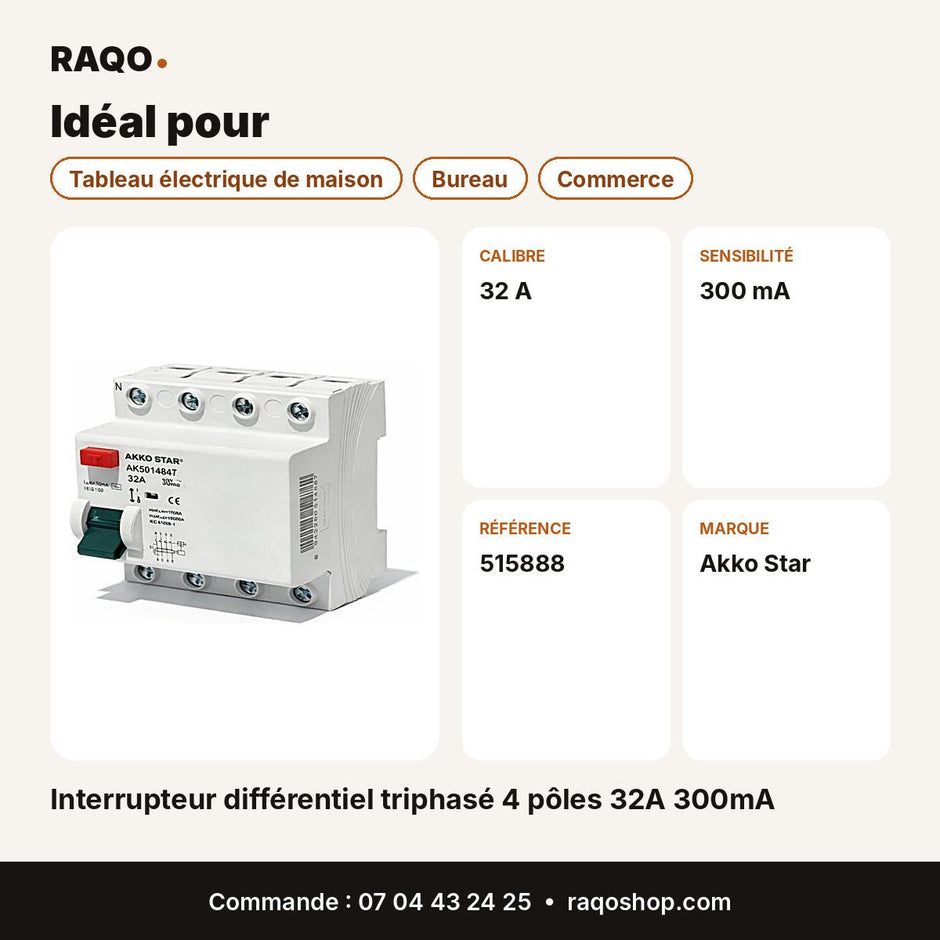 Interrupteur différentiel triphasé 4 pôles 32A 300mA | Akko Star - RAQO