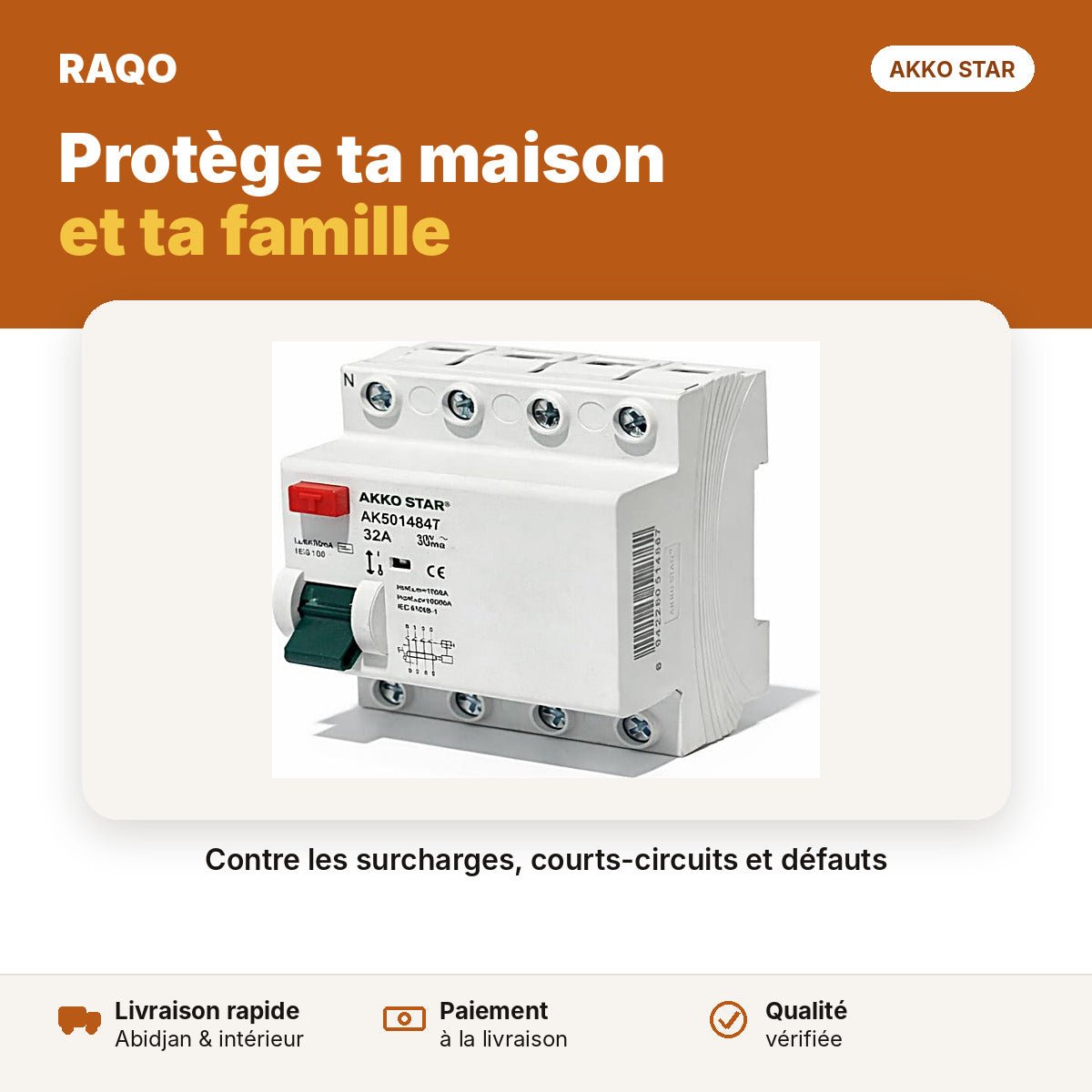Interrupteur différentiel triphasé 4 pôles 40A 30mA | Akko Star - RAQO