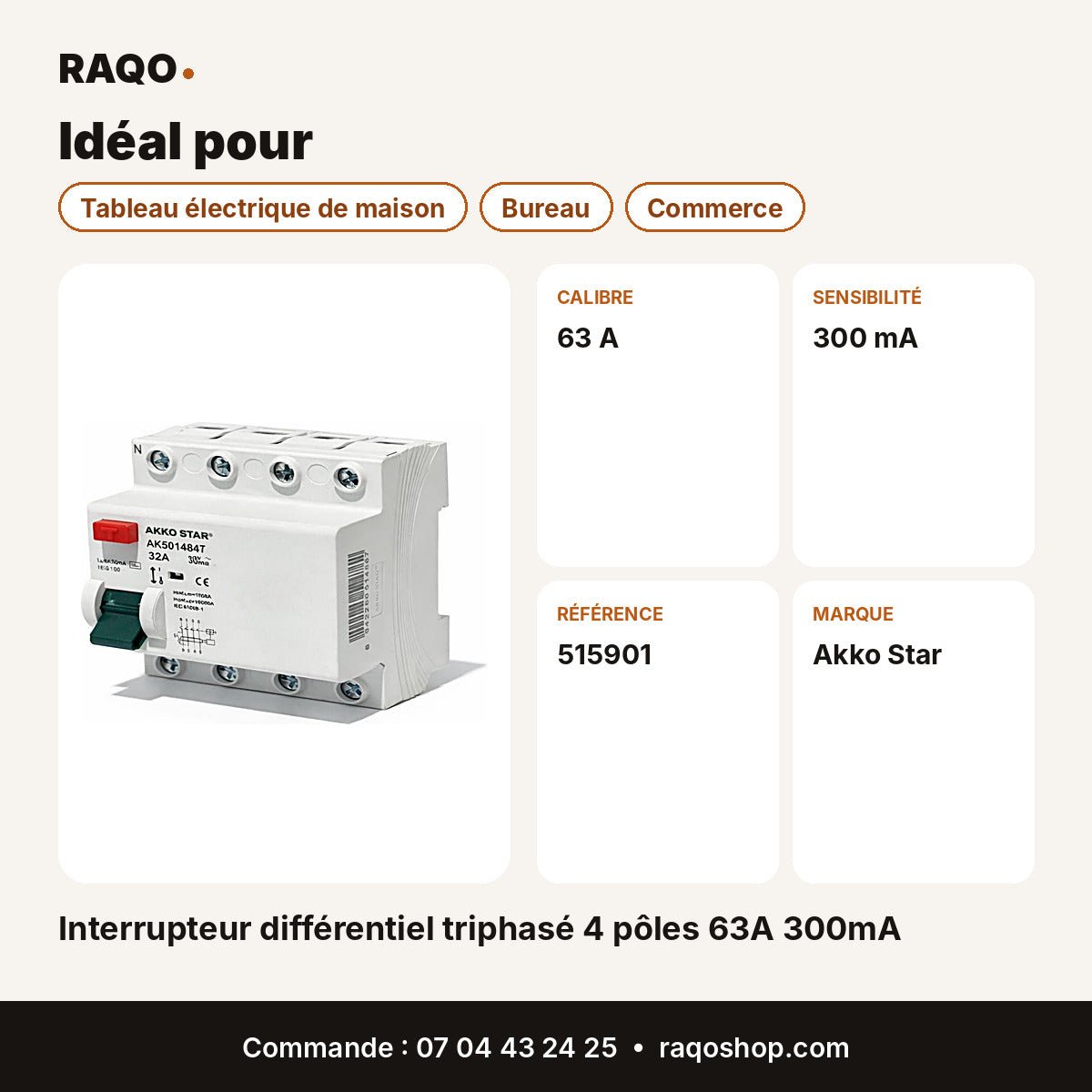 Interrupteur différentiel triphasé 4 pôles 63A 300mA | Akko Star - RAQO