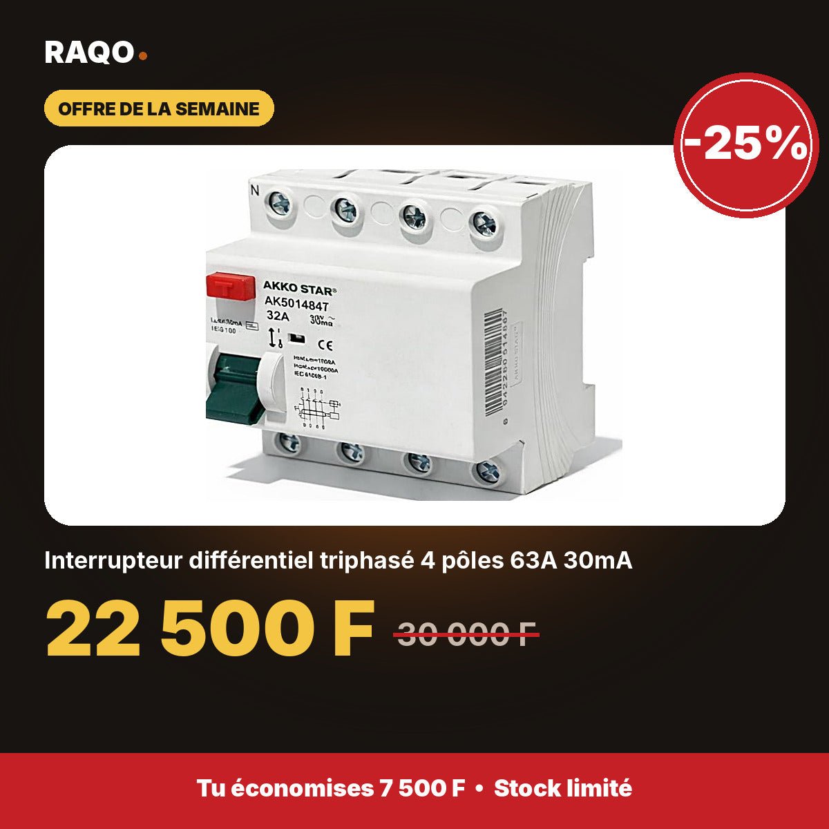 Interrupteur différentiel triphasé 4 pôles 63A 30mA | Akko Star - RAQO