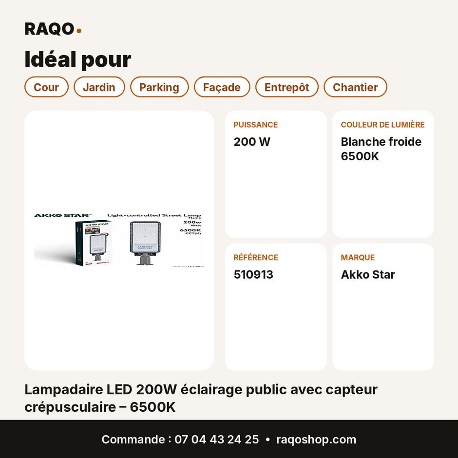 Lampadaire LED 200W éclairage public avec capteur crépusculaire – 6500K | Akko Star - RAQO