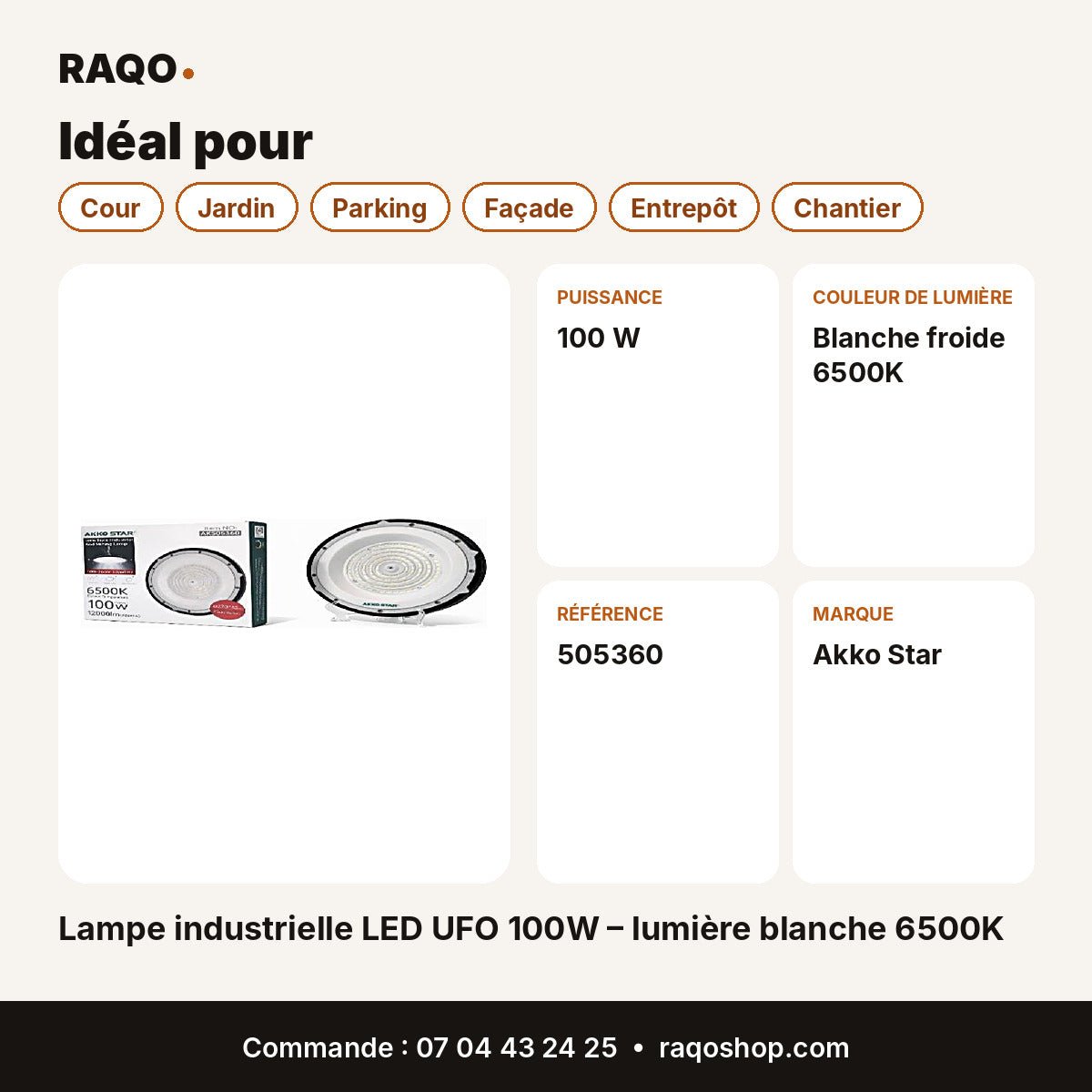 Lampe industrielle LED UFO 100W – lumière blanche 6500K | Akko Star - RAQO