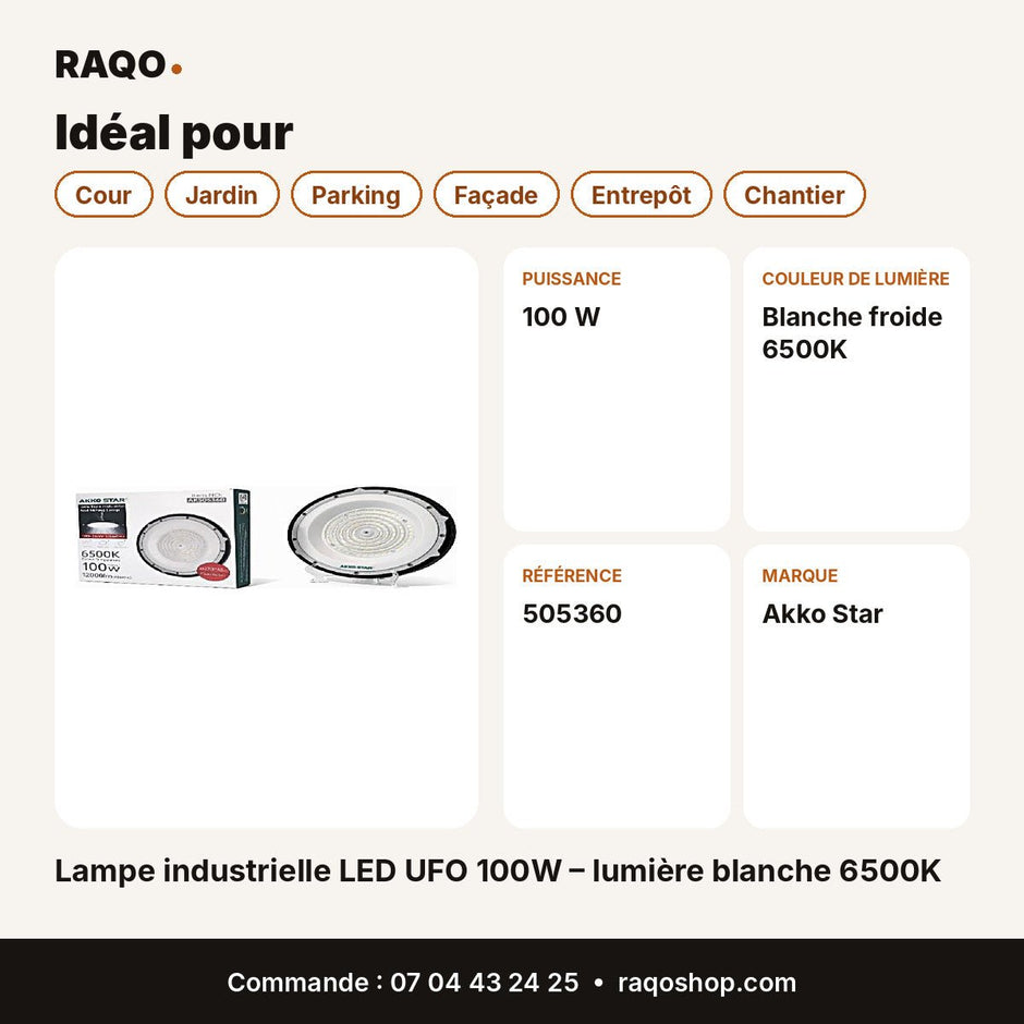 Lampe industrielle LED UFO 100W – lumière blanche 6500K | Akko Star - RAQO
