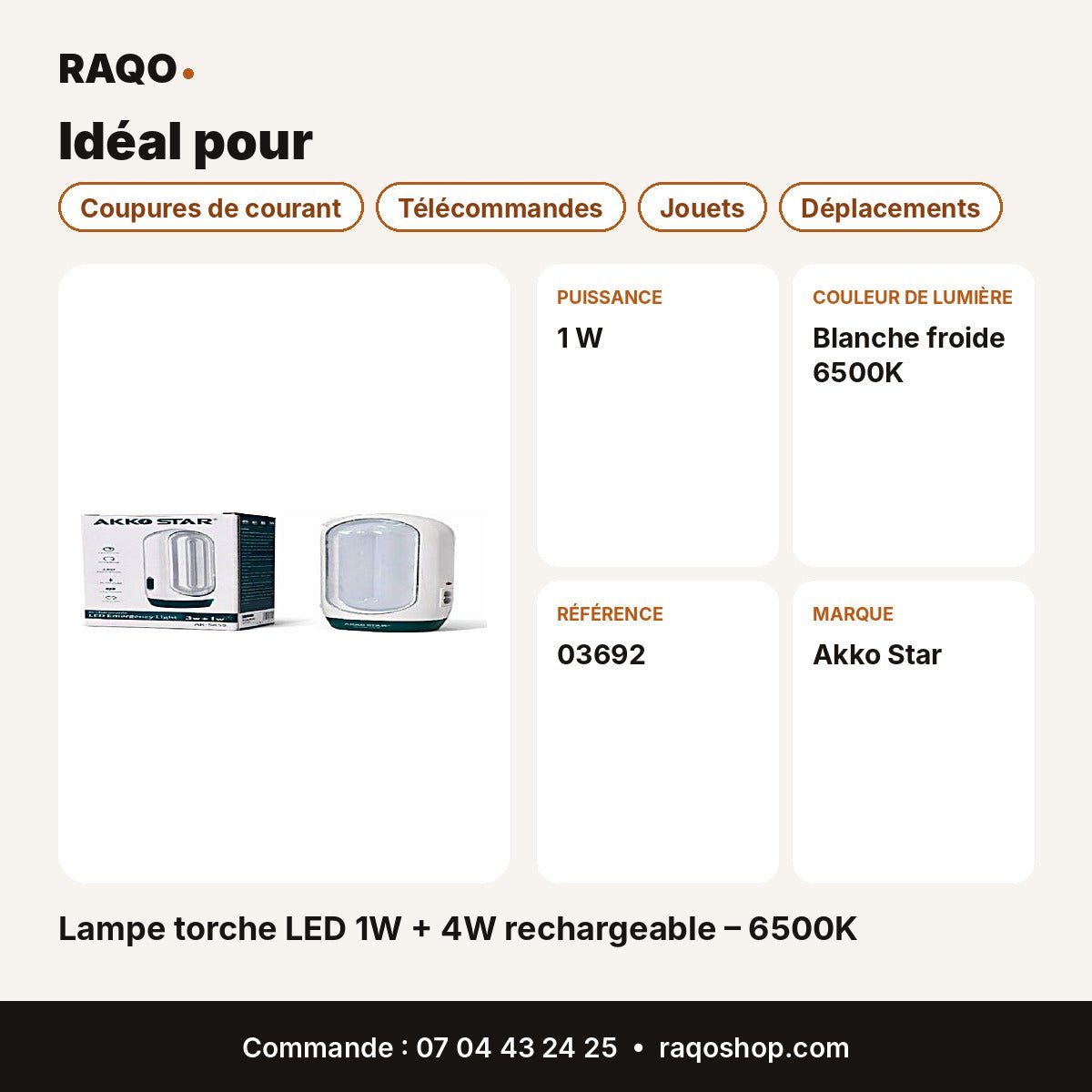 Lampe torche LED 1W + 4W rechargeable – 6500K | Akko Star - RAQO
