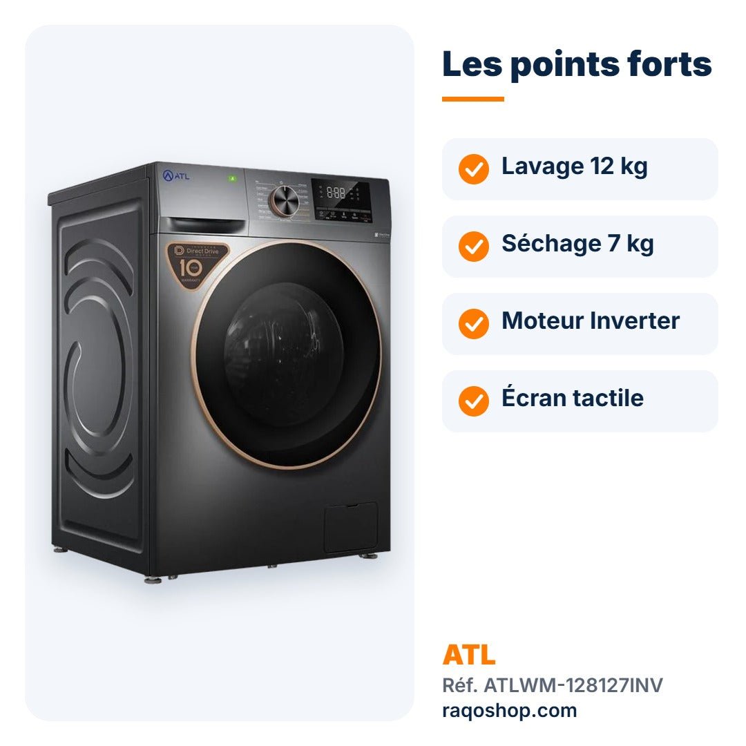 Lave-linge séchant ATL 12kg / 7kg Inverter écran tactile – ATLWM-128127INV - RAQO