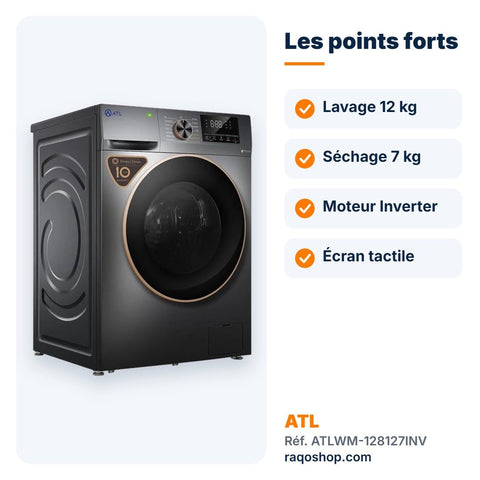 Lave-linge séchant ATL 12kg / 7kg Inverter écran tactile – ATLWM-128127INV - RAQO