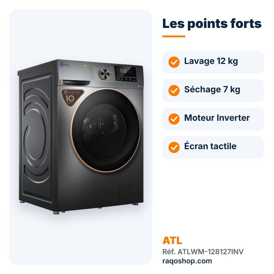Lave-linge séchant ATL 12kg / 7kg Inverter écran tactile – ATLWM-128127INV - RAQO