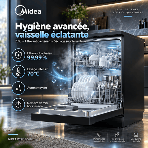 Lave-Vaisselle Midea 13 Couverts Noir – Filtre Antibactérien, Lavage 70°C & 13 Réglages – WQP12-5201C - RAQO