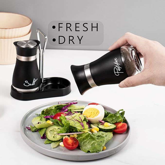 Lonffery Lot de 2 salière et poivrière en acier inoxydable avec bouteille en verre pour table - RAQO