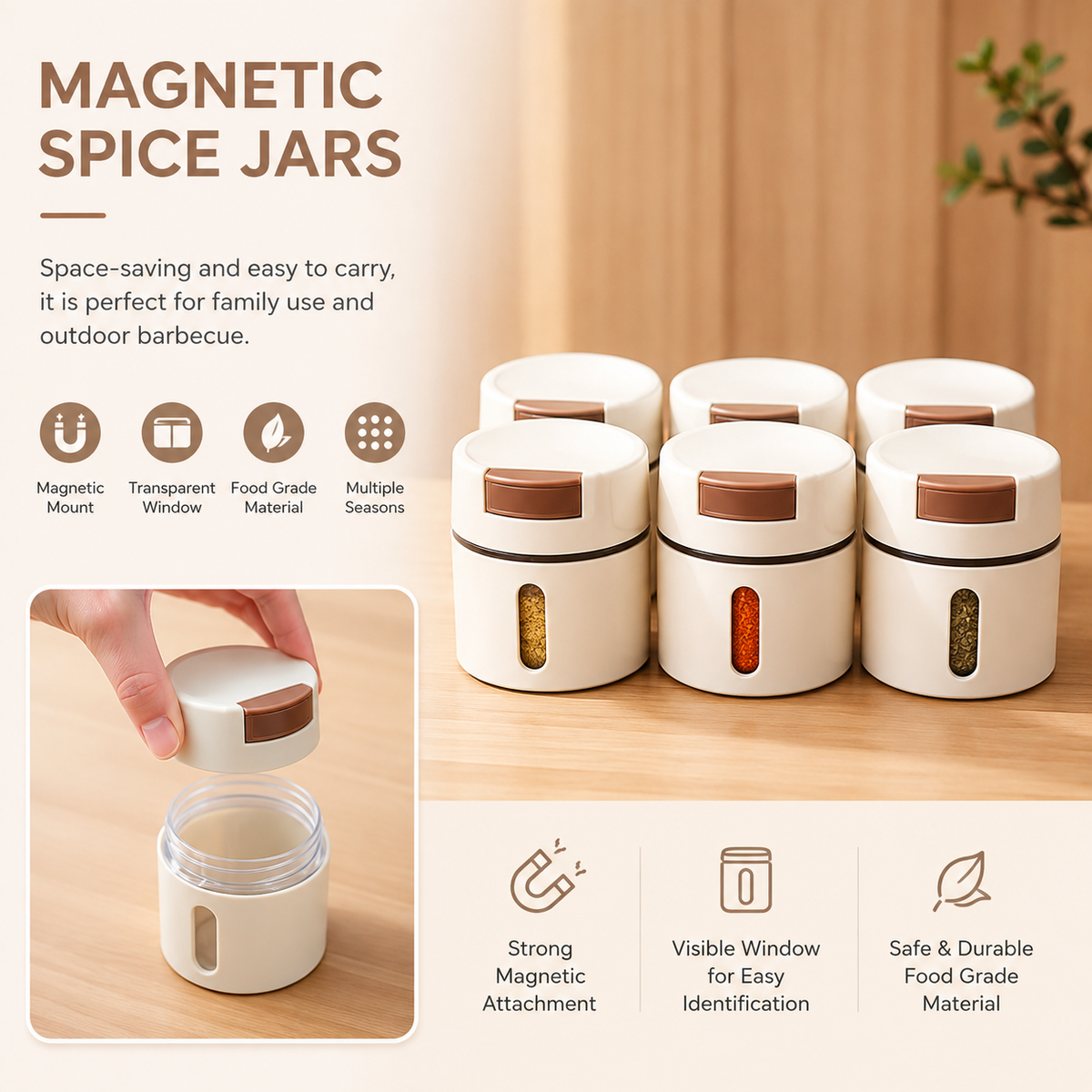 Face de lot de 6 pots à épices magnétiques avec support