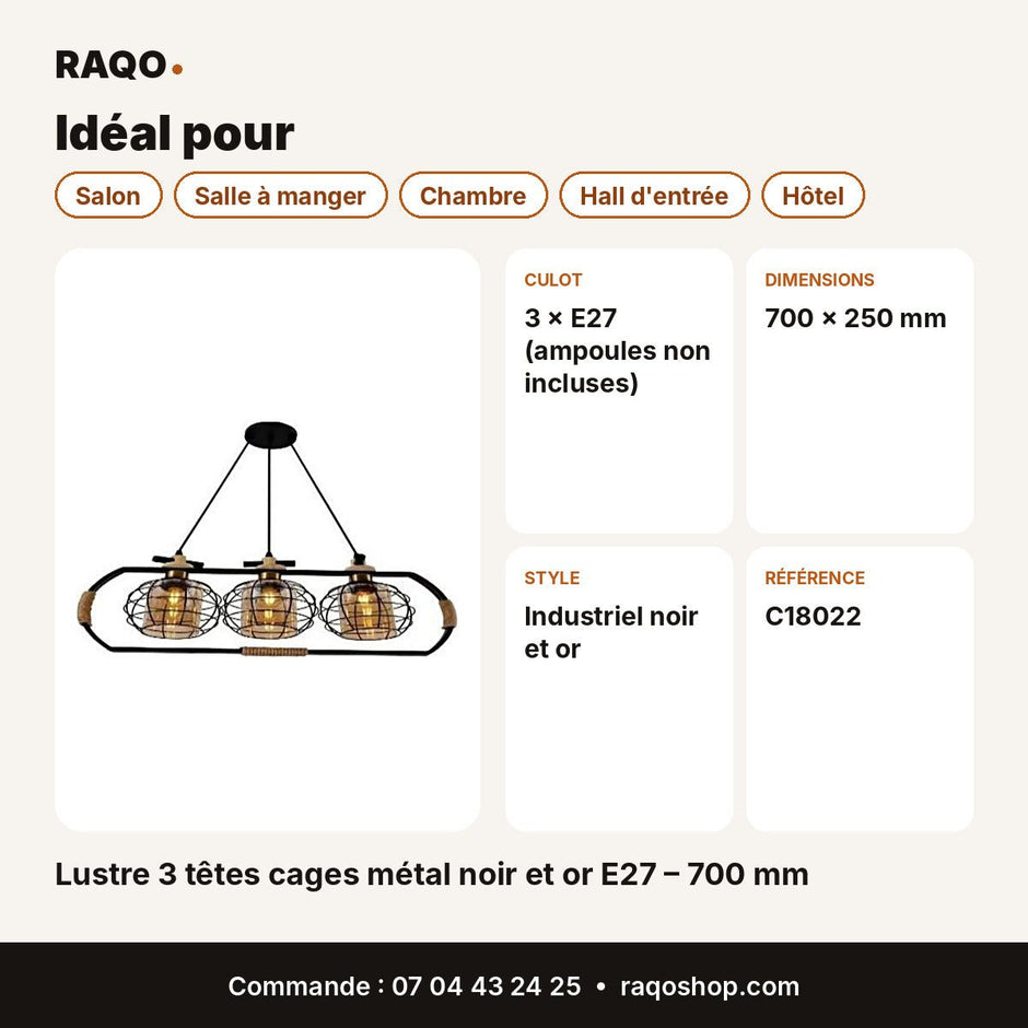 Lustre 3 têtes cages métal noir et or E27 – 700 mm - RAQO