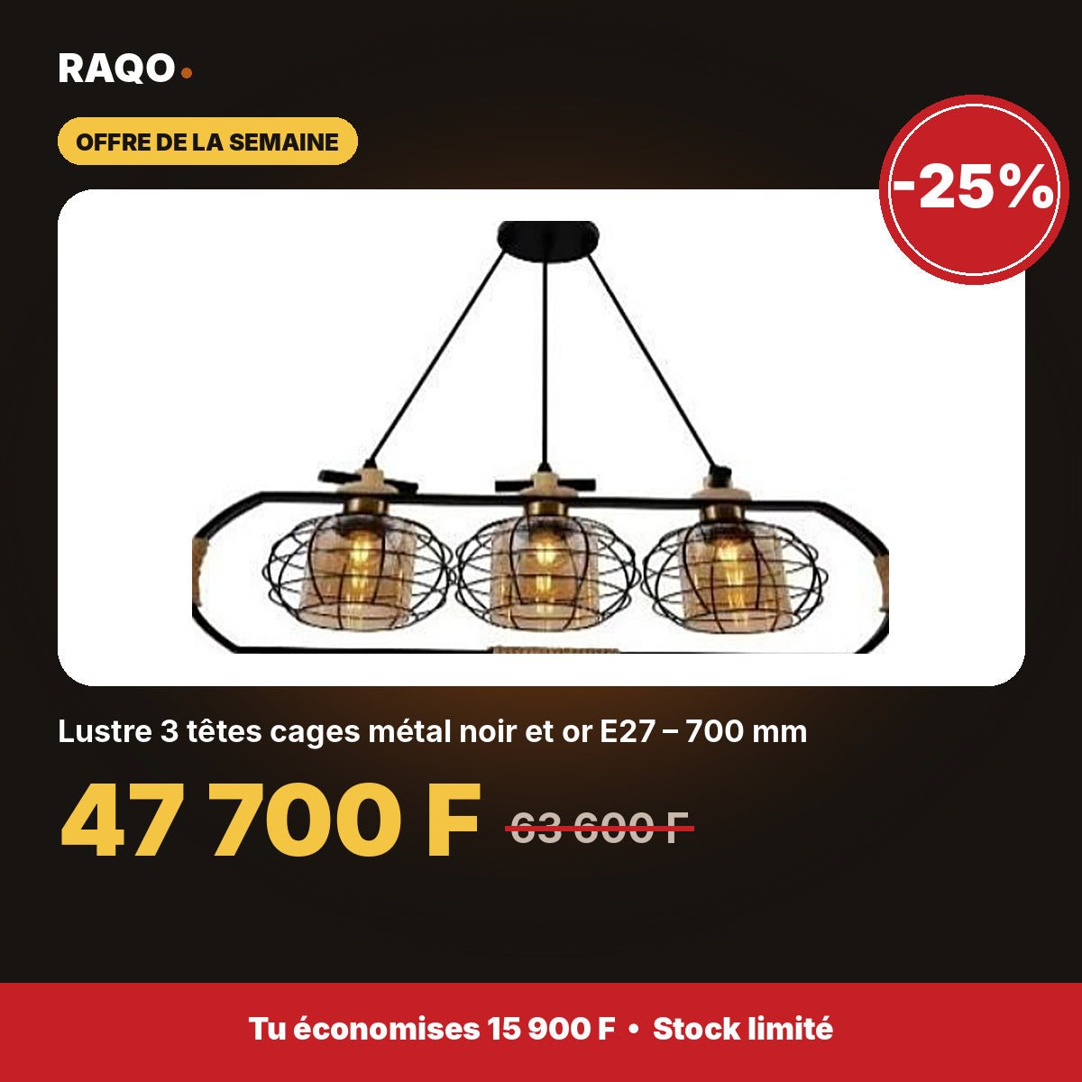 Lustre 3 têtes cages métal noir et or E27 – 700 mm - RAQO