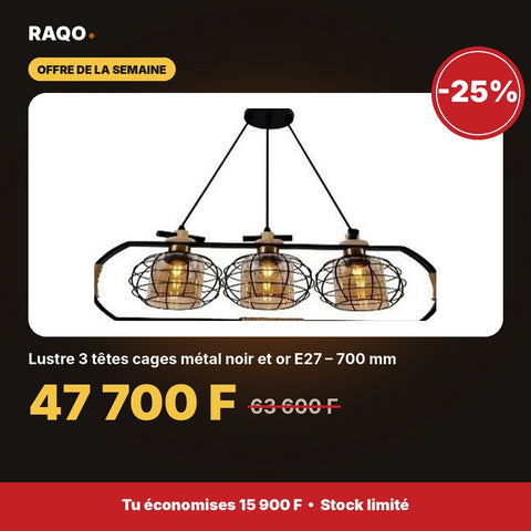 Lustre 3 têtes cages métal noir et or E27 – 700 mm - RAQO