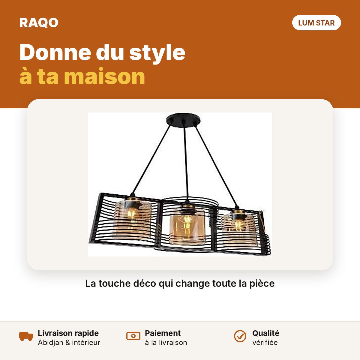 Lustre 3 têtes cages rayées noir et or E27 – 600 mm - RAQO