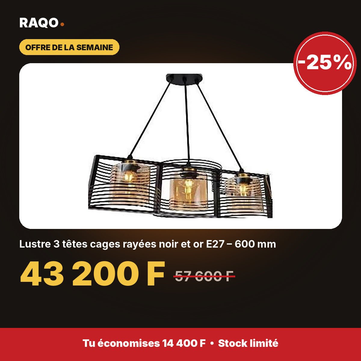 Lustre 3 têtes cages rayées noir et or E27 – 600 mm - RAQO