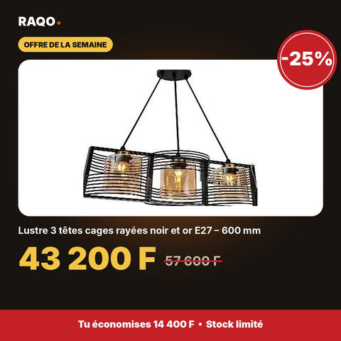 Lustre 3 têtes cages rayées noir et or E27 – 600 mm - RAQO
